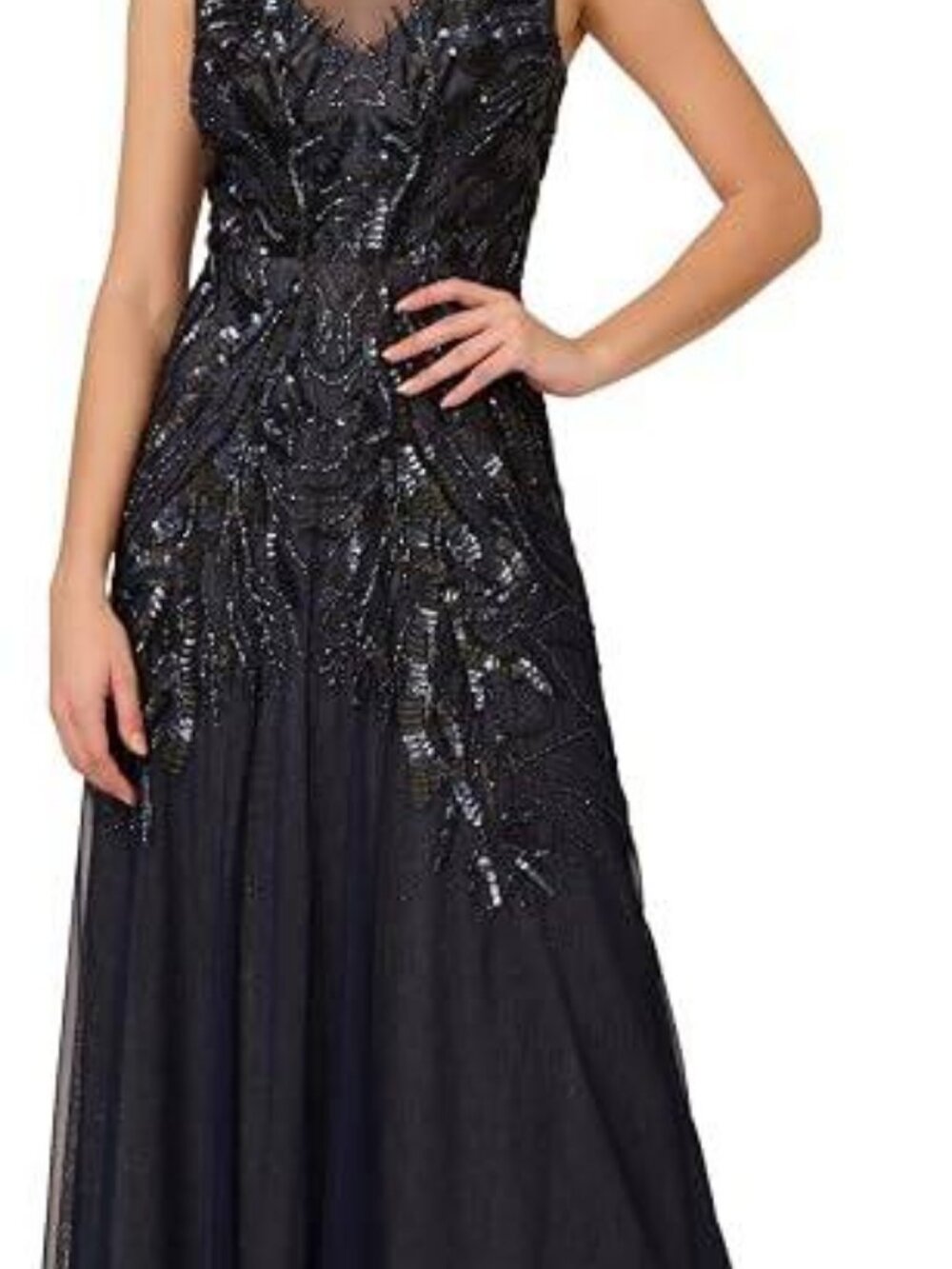 Adrianna Papell Navy Silver Beaded Metallic Mesh Formal Gown Size 12 NWT